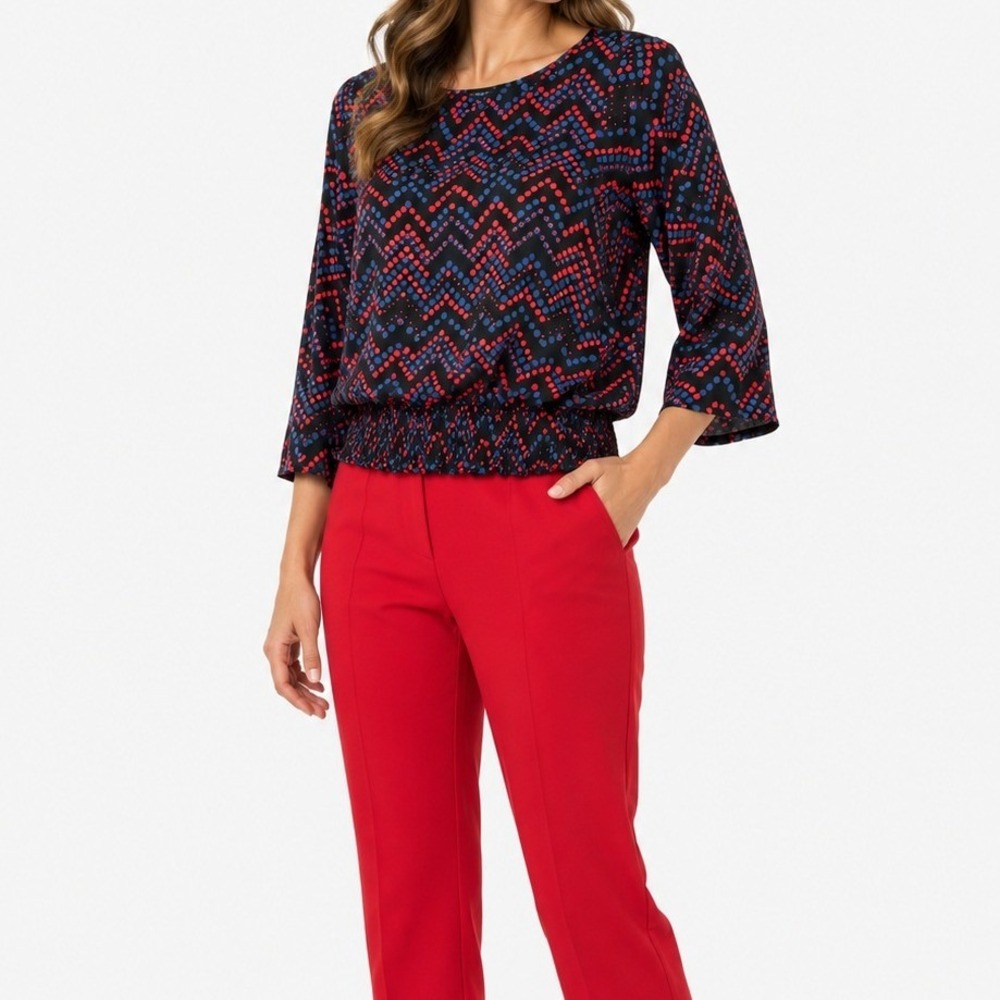 Ann Taylor Blouse Women XS Black Red Blue Dot Smocked Hem Career Classic